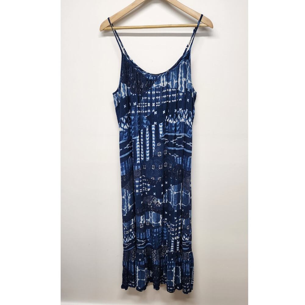 Karen Kane Bali Ruffle Hem Boho Patch Work Print Maxi Dress, Size Large In Navy